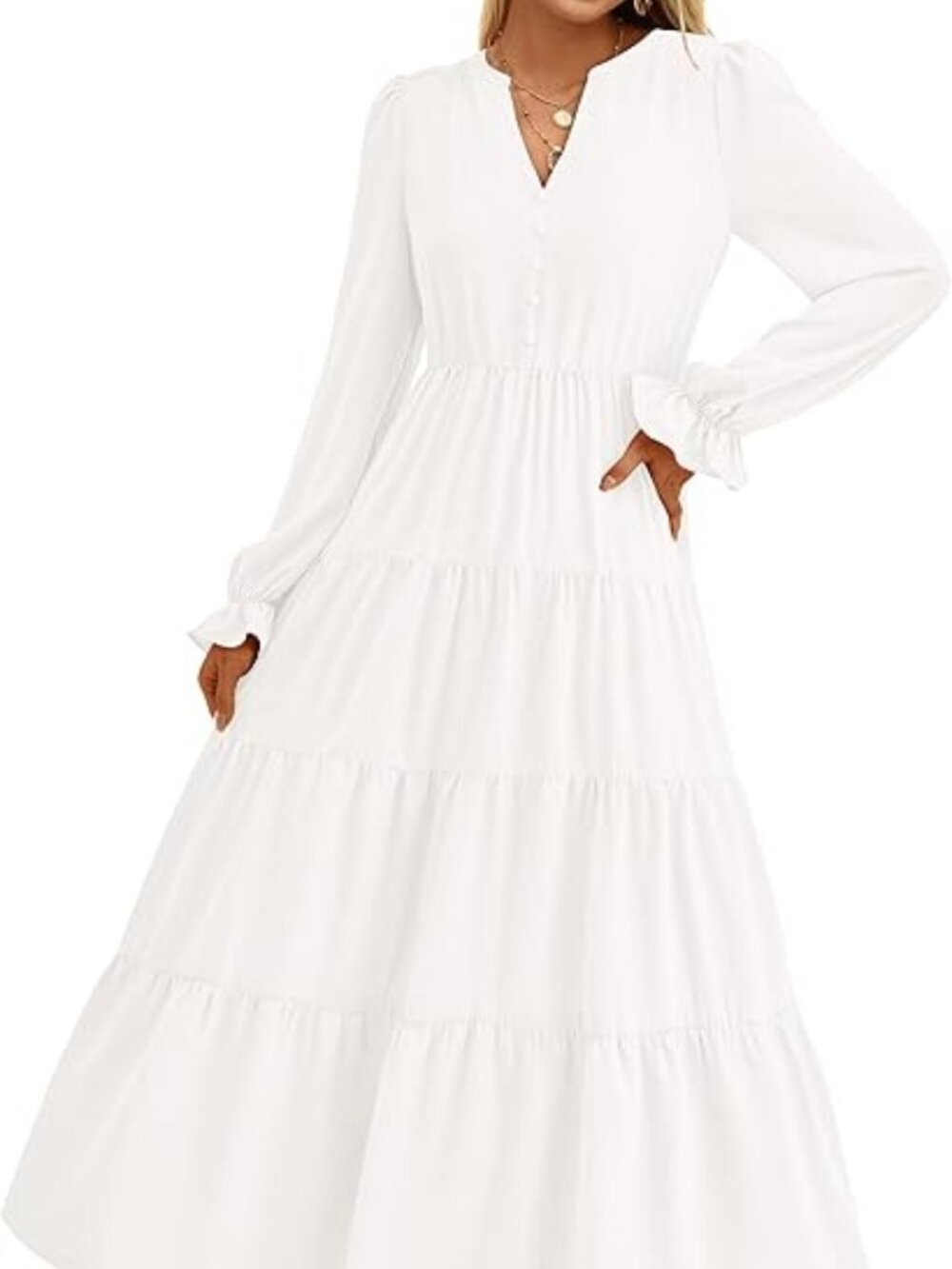 Elegant White Floral V Neck Tiered Maxi Dress Long Sleeve A-Line Flowy Dress